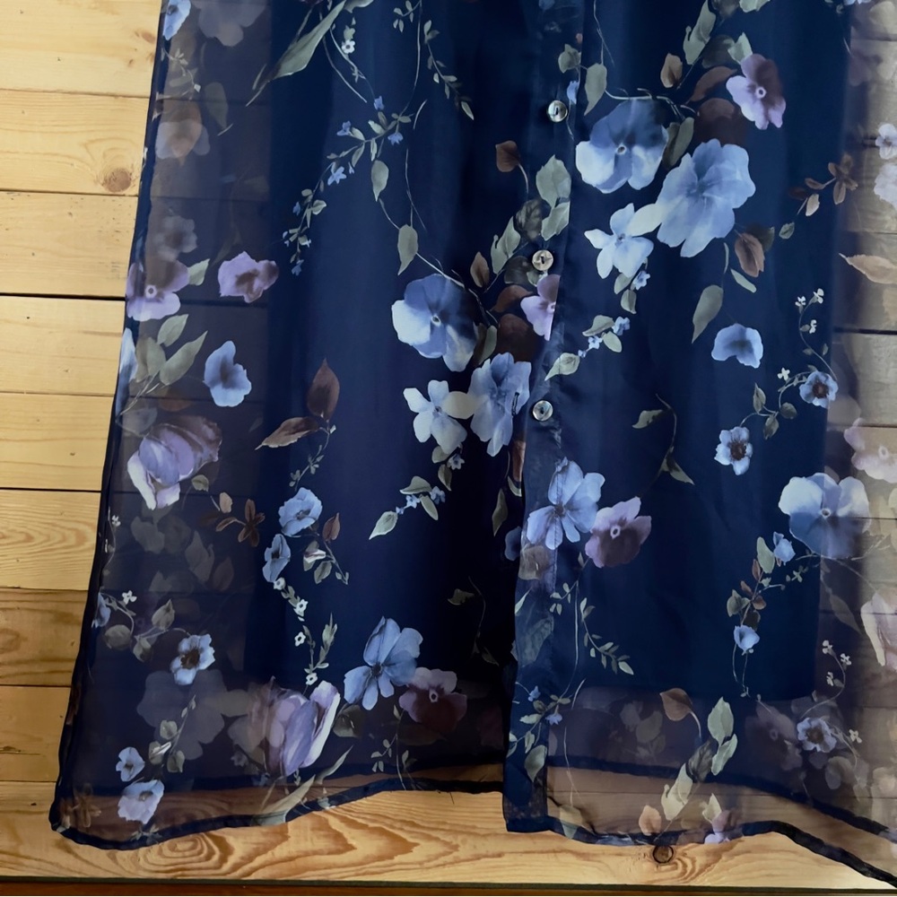 Vintage EnFocus Studio Navy Blue Floral Print Sheer Maxi Shirt Dress Set Size 6 - Picture 3 of 14